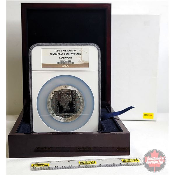 1990 ISLE OF MAN : 5 CROWNS : ELIZABETH II : PENNY BLACK : SILVER PROOF  (Certified : NGC : GEM PROO