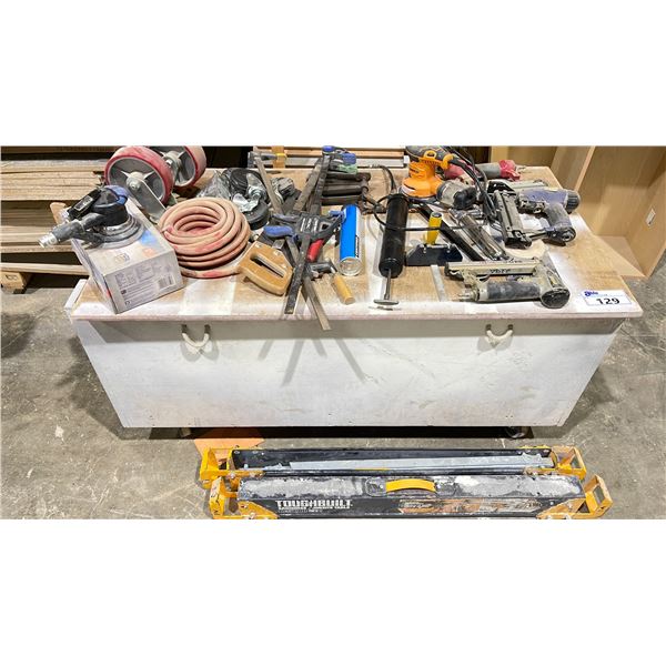 LARGE LOT ASST TOOLS, HOSES, CLAMPS, SAWHORSES, & CARGO BOX ON WHEELS