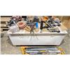Image 1 : LARGE LOT ASST TOOLS, HOSES, CLAMPS, SAWHORSES, & CARGO BOX ON WHEELS