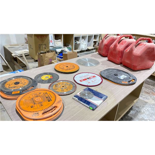 LOT ASST INDUSTRIAL SAW BLADES & 3 JERRY CANS