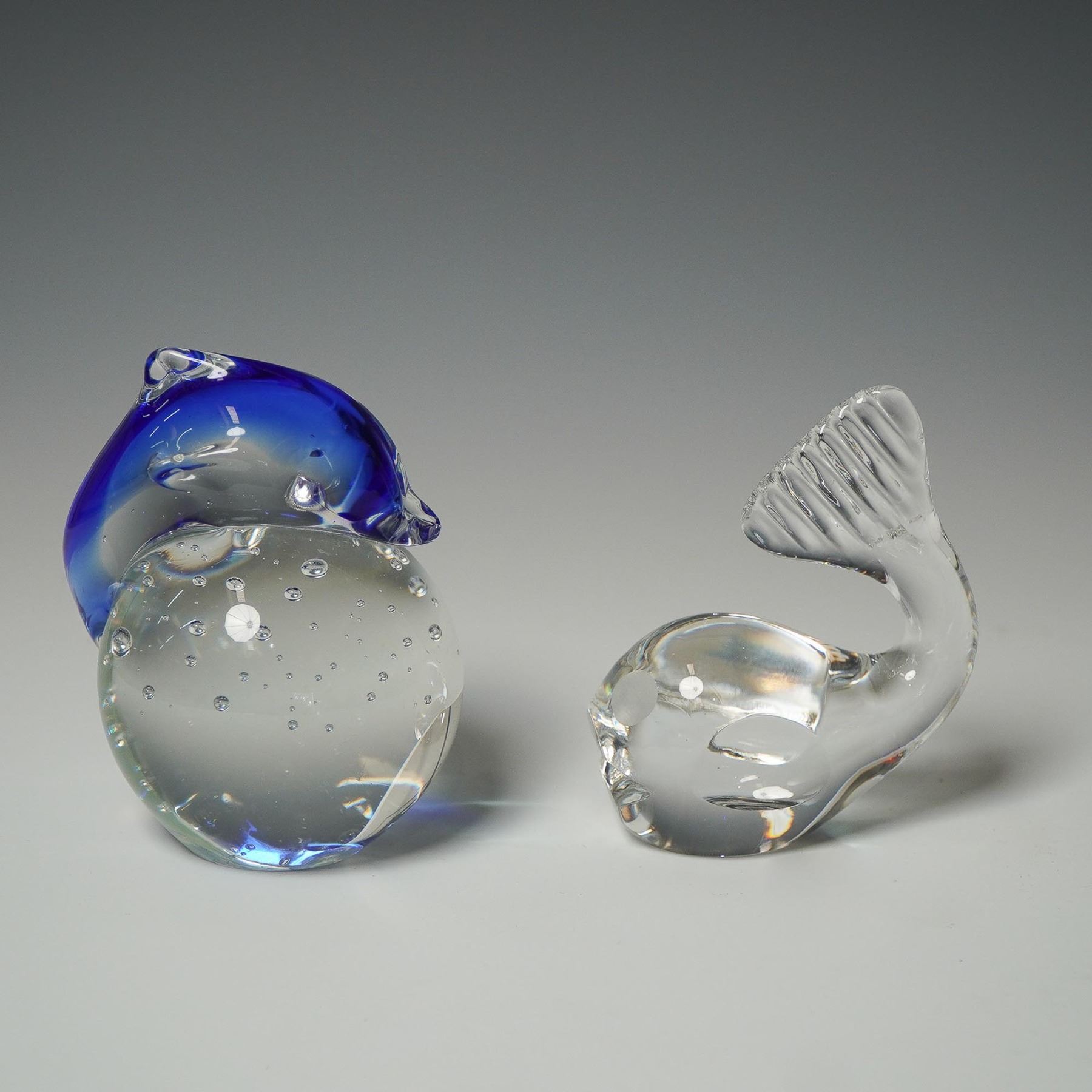 2pc Art Glass Figurines, Spode Whale & Dolphin Paperweight