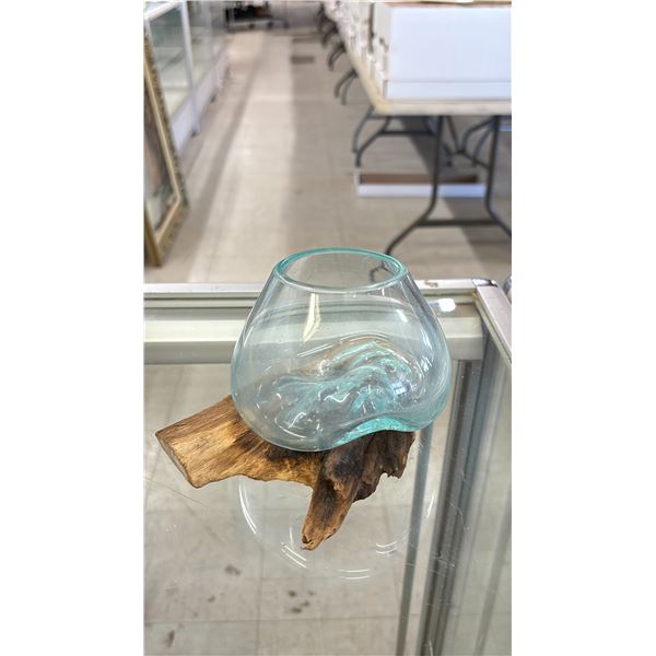 3 HAND MADE MOLTEN GLASS BOWLS ON TEAK BASES