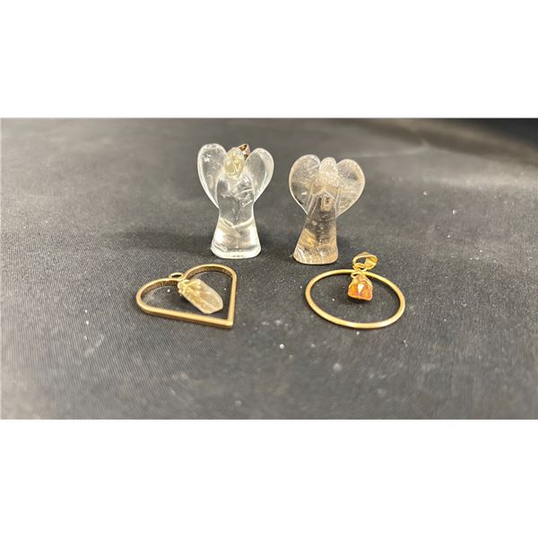 CLEAR QUARTZ PENDANT, CITRINE PENDANT, SMOKEY PENDANT & A CLEAR QUARTZ PENDANT