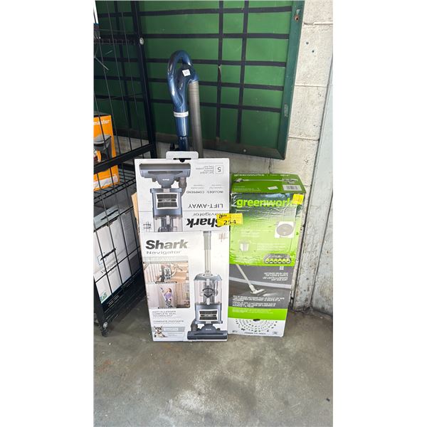 SHARK NAVIGATOR LIFT-AWAY UPRIGHT VACUUM AND GREENWORKS POWERALL 24V STICK VAC