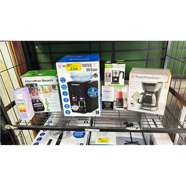 SHELF OF ASSORTED ITEMS INCLUDING; WESTINGHOUSE COUNTERTOP TOP LOADING WATER DISPENSER, TOASTMASTER