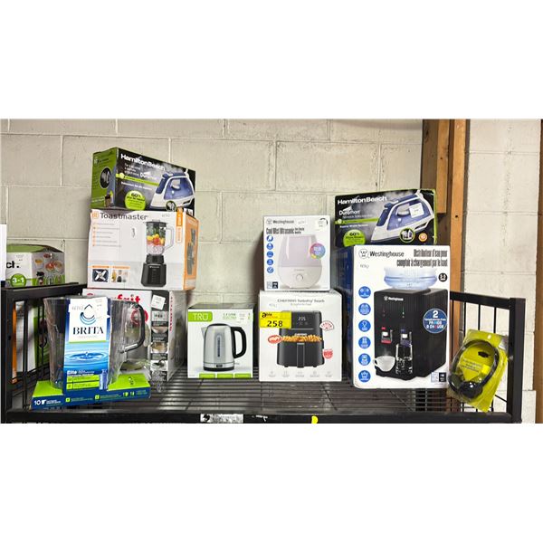 SHELF OF ASSORTED ITEMS INCLUDING; HAMILTON BEACH DURATHON NONSTICK SOLEPLATE IRON, CHEFMAN