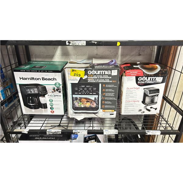 SHELF OF ASSORTED IETMS INCLUDING; GOURMIA ALL IN ONE 14QT AIR FRYER, OVEN, ROTISSERIE &