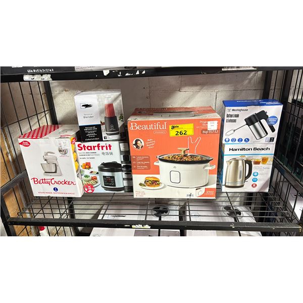 SHELF OF ASSORTED ITEMS INCLUDING; BEAUTIFUL KITCHENWARE PROGRAMMABLE SLOW COOKER, STARFRIT