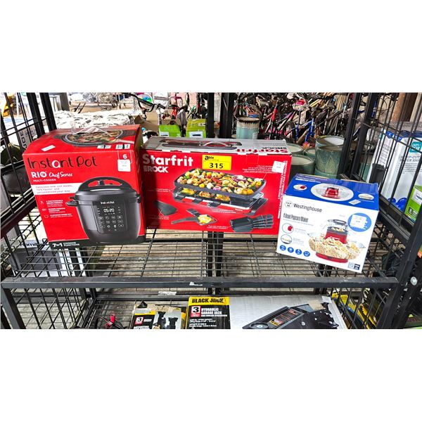 SHELF OF ASSORTED ITEMS INCLUDING; STARFRIT 8 PERSON REVERSIBLE PARTY GRILL, WESTINGHOUSE 4 BOWL