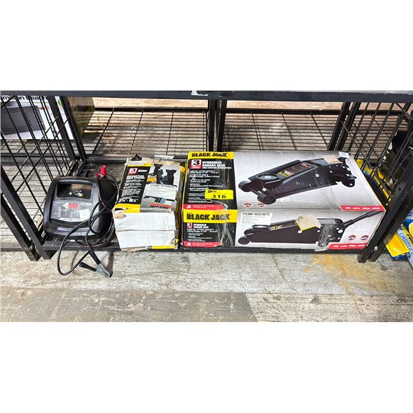 SHELF OF ASSORTED ITEMS INCLUDING: TORIN BLACK JACK 3 TON HYDRAULIC GARAGE JACK AND BLACK JACK 3