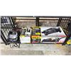 Image 1 : SHELF OF ASSORTED ITEMS INCLUDING: TORIN BLACK JACK 3 TON HYDRAULIC GARAGE JACK AND BLACK JACK 3