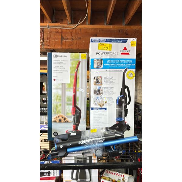 BISSELL POWER FORCE VACUUM CLEANER, ELECTROLUS ERGORAPIDO PET VACUUM AND EUREKA STICK VAC