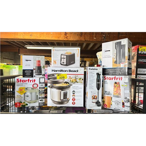 SHELF OF ASSORTED ITEMS INCLUDING; HAMILTON BEACH QUIKCOOK PRESSURE COOKER 8QUARTS, CUISINART QUICK