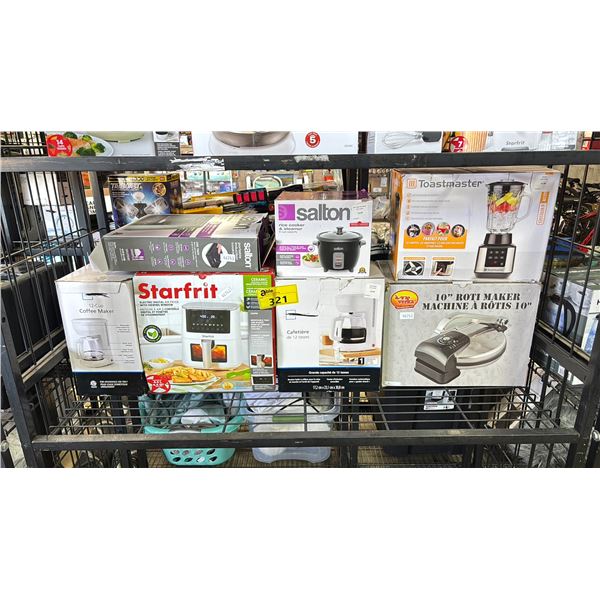 SHELF OF ASSORTED ITEMS INCLUDING; STARFRIT ELECTRIC DIGITAL AIR FRYER, SALTON RICE COOKER AND