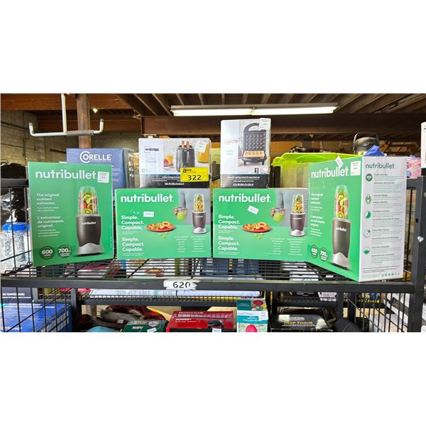 SHELF OF ASSORTED ITEMS INCLUDED: NUTRIBULLET SMOOTHIE BLENDER, MAINSTAYS WAFFLE MAKER, MAINSTAYS 2