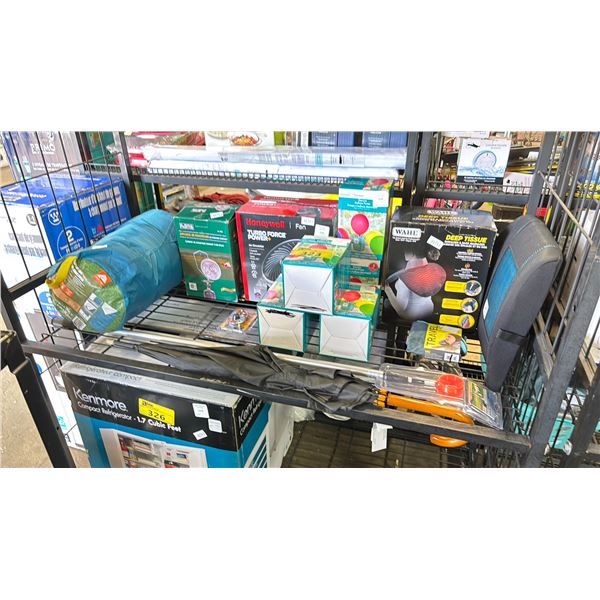 SHELF OF ASSORTED ITEMS INCLUDED: HONEYWELL FAN TURBO FORCE + POWER , CELEBRATE ELECTRIC BALLOON