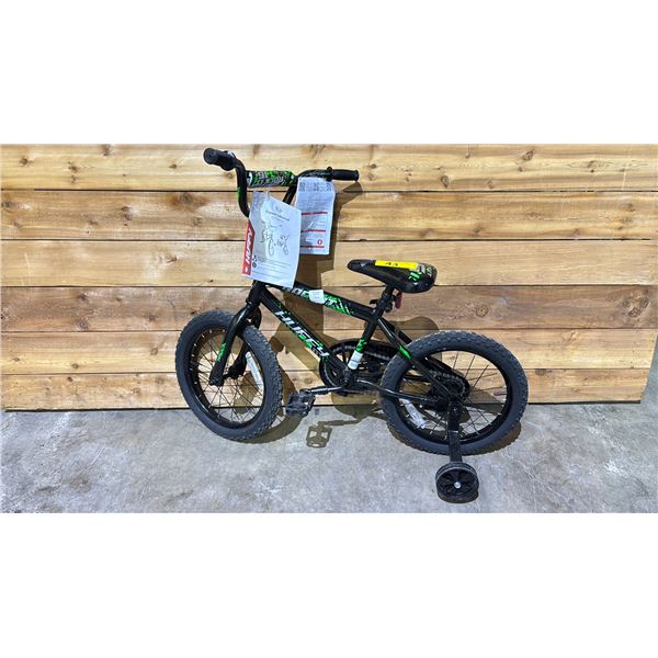 HUFFY BLACK/GREEN CHILDRENS BIKE WITH TRAINING WHEELS