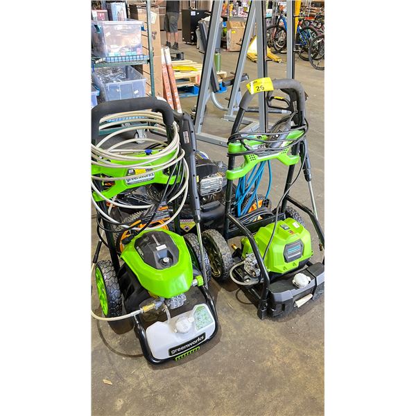 2 GREENWORKS ELECTRIC PRESSURE WASHERS WITH HOSES & WANDS