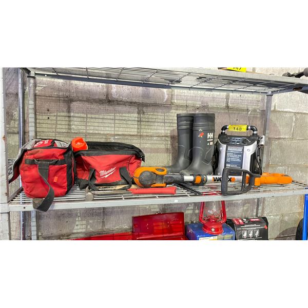 BATTERY BOOSTER PACK, MILWAUKEE TOOL BAGS WITH CONTENTS, RUBBER BOOTS & MORE