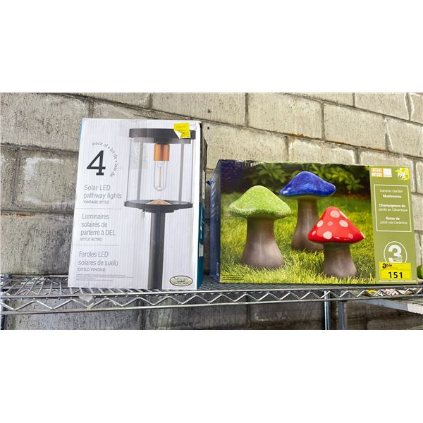 CERAMIC GARDEN MUSHROOMS & 4 SOLAR LED VINTAGE STYLE PATHWAY LIGHTS