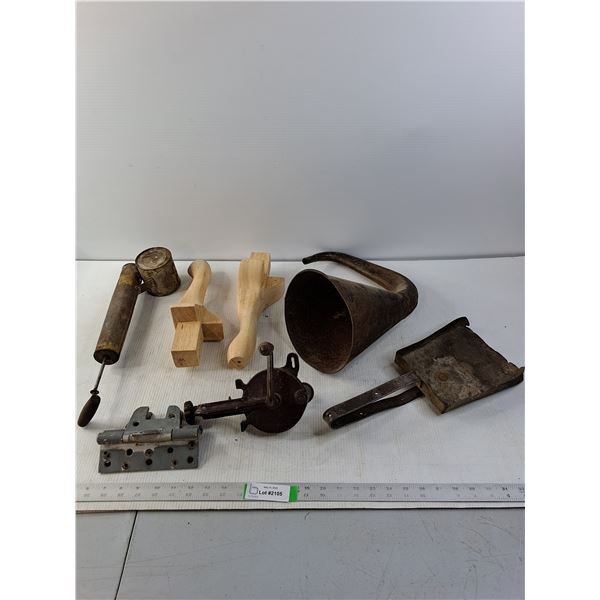 Barn Sprayer, Gramophone Horn, Hand Crank Grinder and Coal Shovel