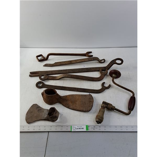 Antique Wrenches, Drill Brace and (2) Grub Hoe Heads