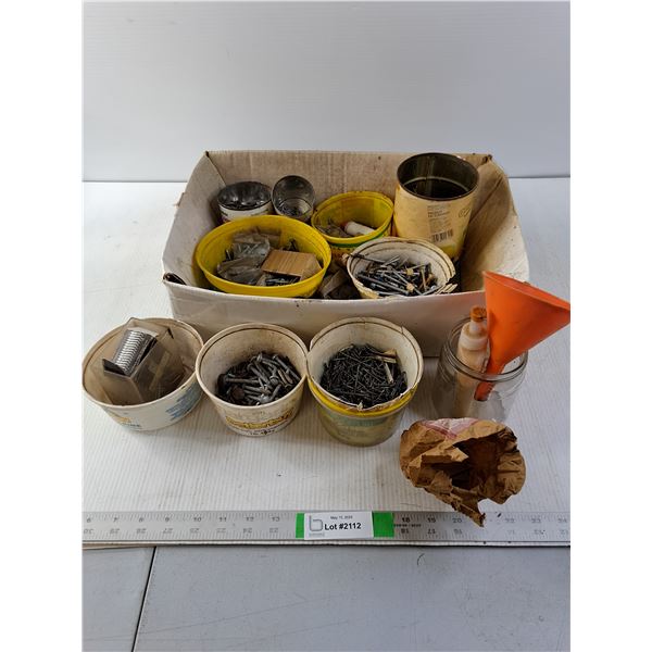 Assorted Nails, Screws, Glue and Funnel