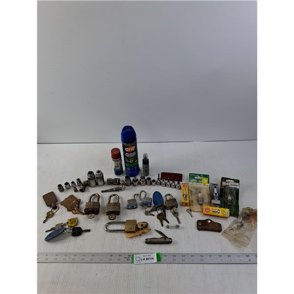 Sockets, Locks with Keys, Keys, Knife and Spark Plugs