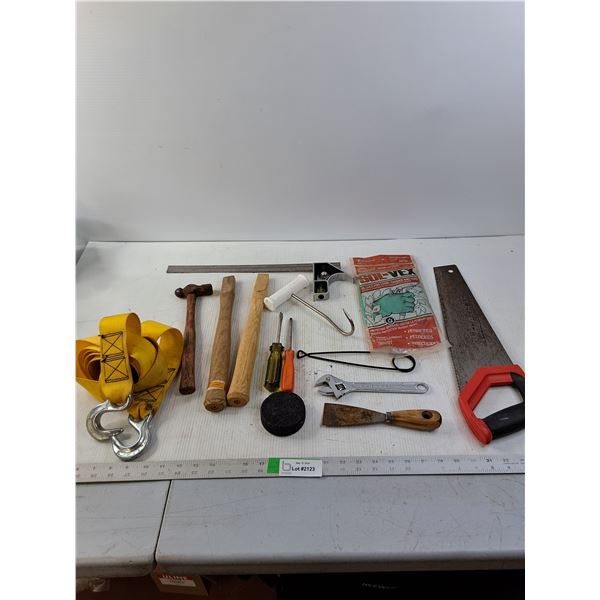 Assorted Tools Including Ball Pein Hammer, Tow Strap, Saw and More