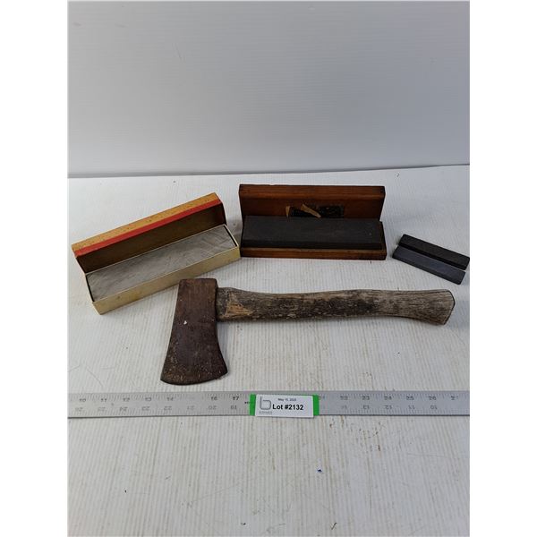 Coarse and Fine Sharpening Stones and a Small Hatchet