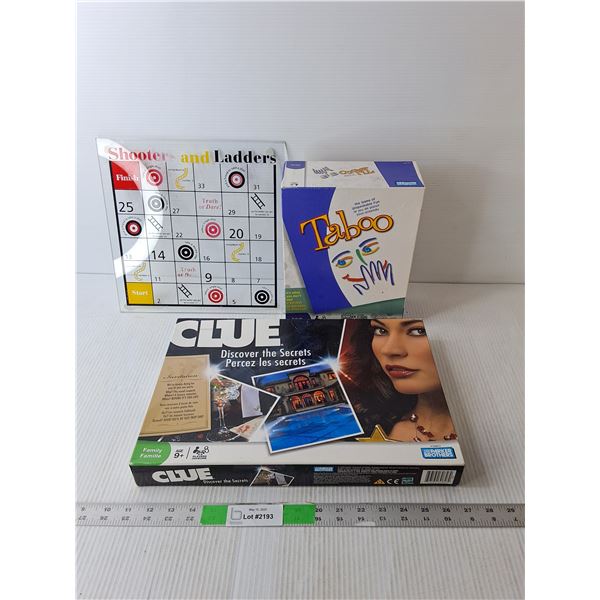 (3) Games- Taboo, Clue, Shooters & Ladders