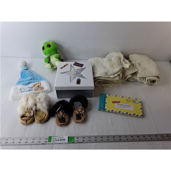 Baby Lot- (2) Pairs of Mocassins, Baby Blankets, Letters to my Baby, Misc.