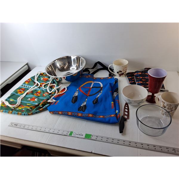 Kitchen Lot- Indigenous Apron, Mugs, Mixing Bowl, Misc.