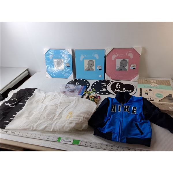 Baby Lot- (3) Photo Frames, Backdrop Blanket (Has Stain) & Age Cards, Nike Sweater, Mi