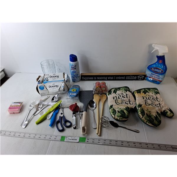 Household Lot- Oven Mitts, Downy Dryer Sheets, Utensils, Misc.