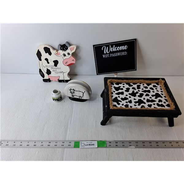 Cow Themed Lot- Decorative Tray, Napkin Holder, Misc.