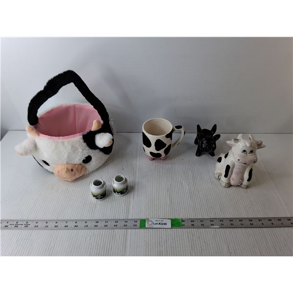 Cow Themed Lot- Basket, Soap Holder, Mug, Misc.