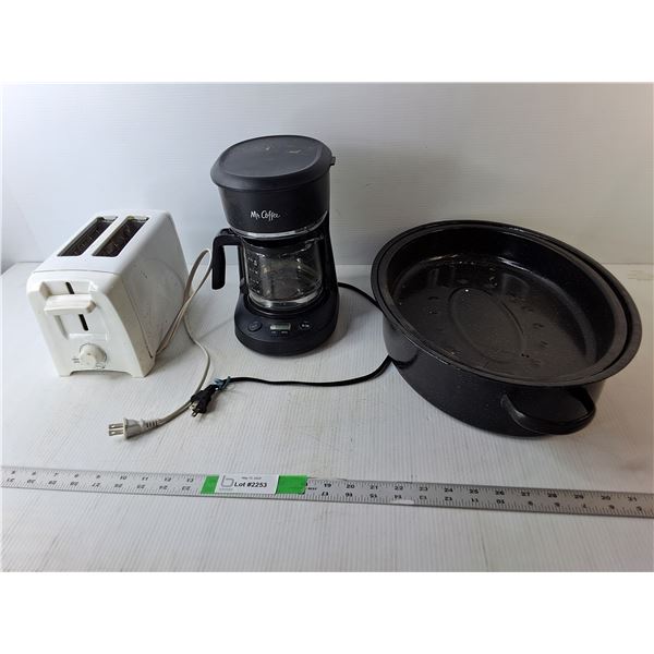 Mr. Coffee Coffeepot & Traditions Toaster- Both Power On, 16.5" Roaster with Lid