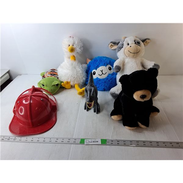 Toy Lot- Firefighter Hat, (5 ) Stuffies, T-rex Figurine