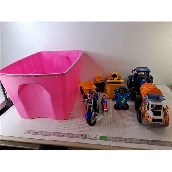 Toy Vehicle Lot & Plastic Tote, No Lid