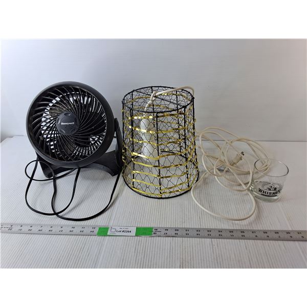 Honeywell Table Fan, DIY Lamp- Both Power On, Whiskey Glass