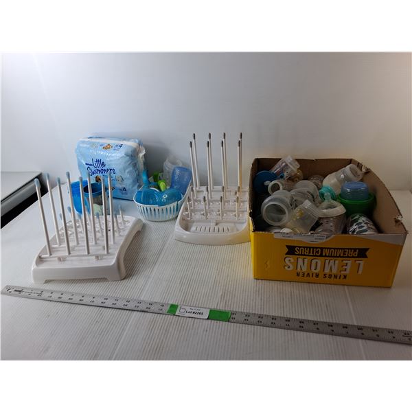 Baby Lot- Bottles, Drying Rack, Swimming Diapers Size 4
