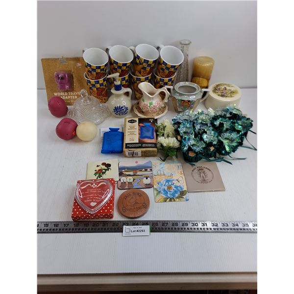 Set of 8 Mugs, Candles, Center Pieces, Coasters, Vases, Misc.