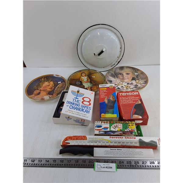 (3) Knowles Decorative Plates, Knife, Poker Chips, Chanukah Drinking Game, Tensor Bandages