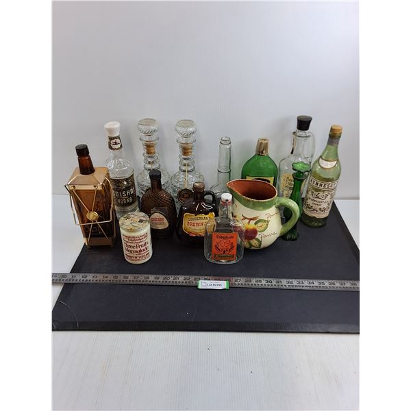 Assorted Empty Glass Bottles, Ceramic Pitcher