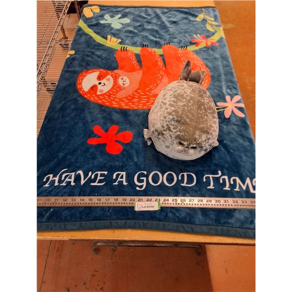 38" x 51" "Have A Good Time" Throw Blanket, Seal Stuffed Pillow