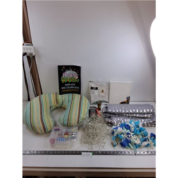 Drapes, Cushion, String Lights, Swear Word Adult Coloring Book, Sewing Kit, Misc.