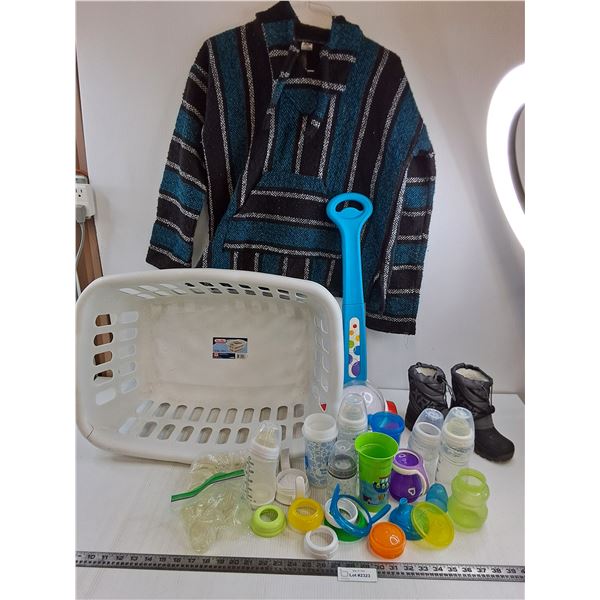 Poncho - Medium, 2 Laundry Basket, Baby Bottles, FXR Child's Boots - Size 7/8, Misc.