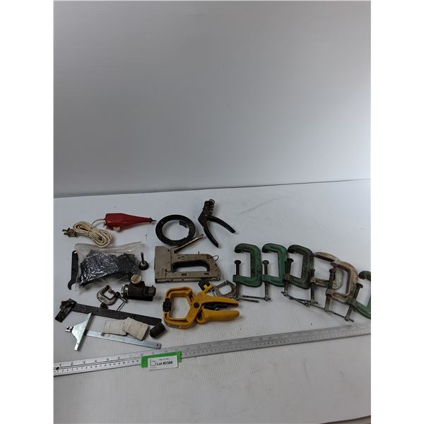 Assorted Tools - C clamps, Stapler,  Misc