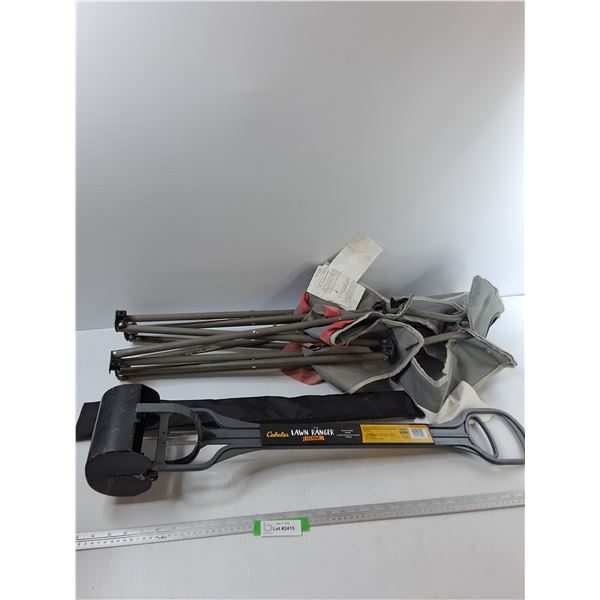 Lawn Chair, tent poles, and cabelas Lawn Ranger cleanup Scoop